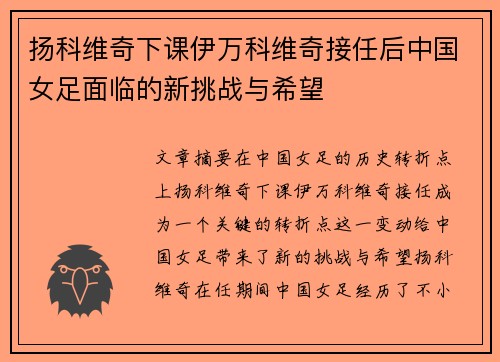 扬科维奇下课伊万科维奇接任后中国女足面临的新挑战与希望